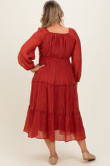Rust Ruffle Accent Tiered Long Sleeve Maternity Plus Maxi Dress
