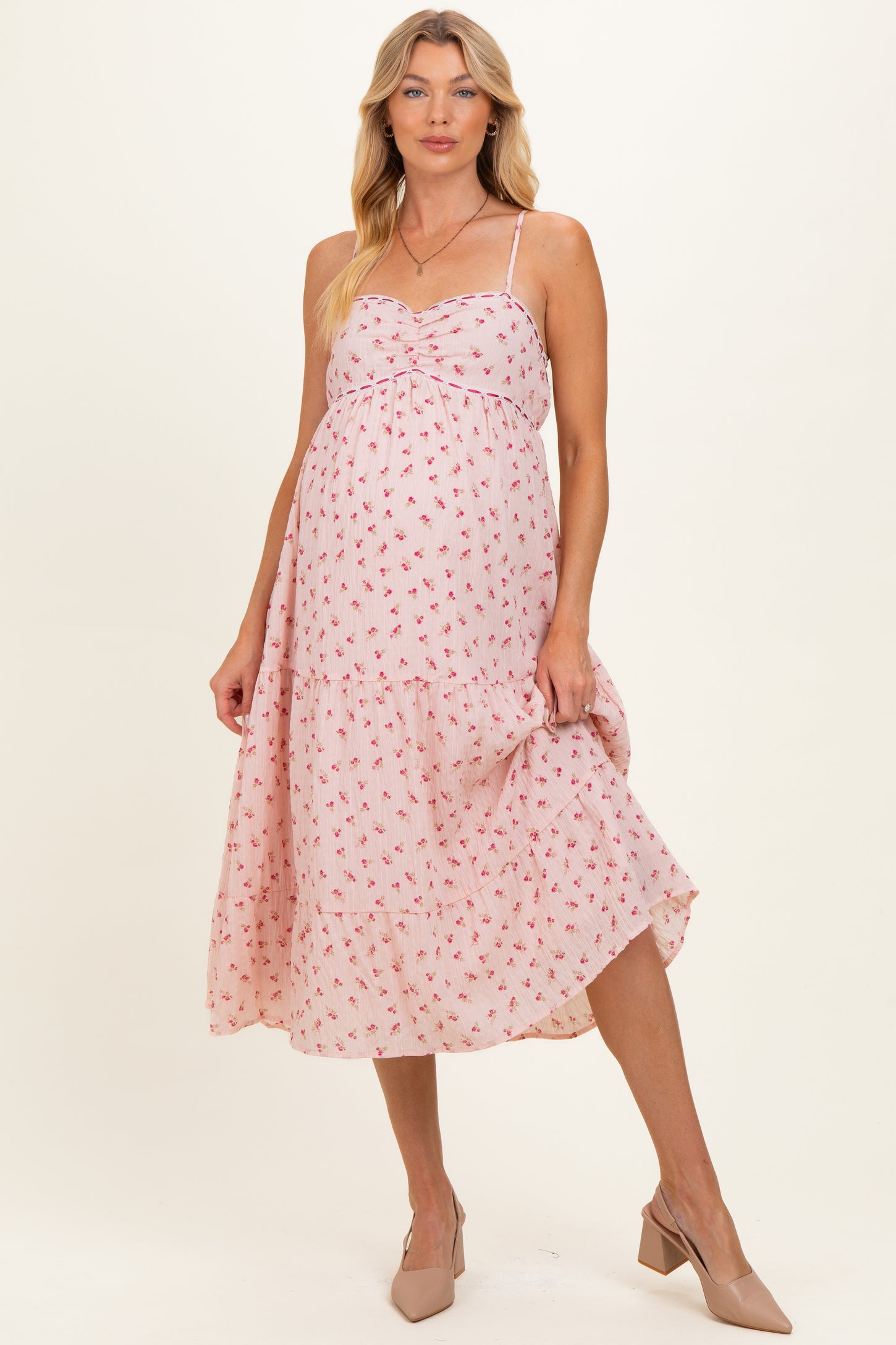 Light Pink Floral Ribbon Detail Maternity Midi Dress