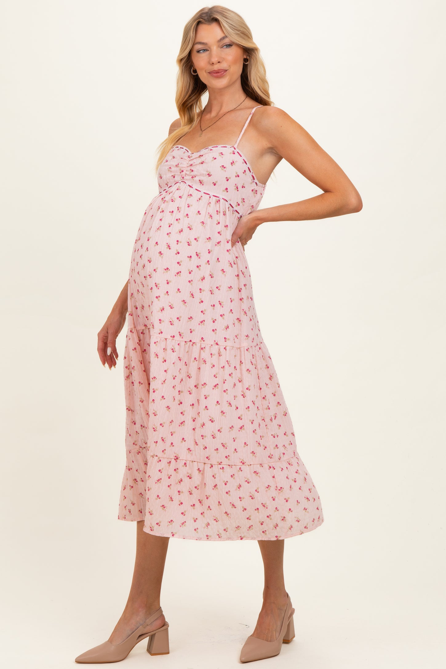 Light Pink Floral Ribbon Detail Maternity Midi Dress