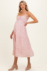 Light Pink Floral Ribbon Detail Maternity Midi Dress