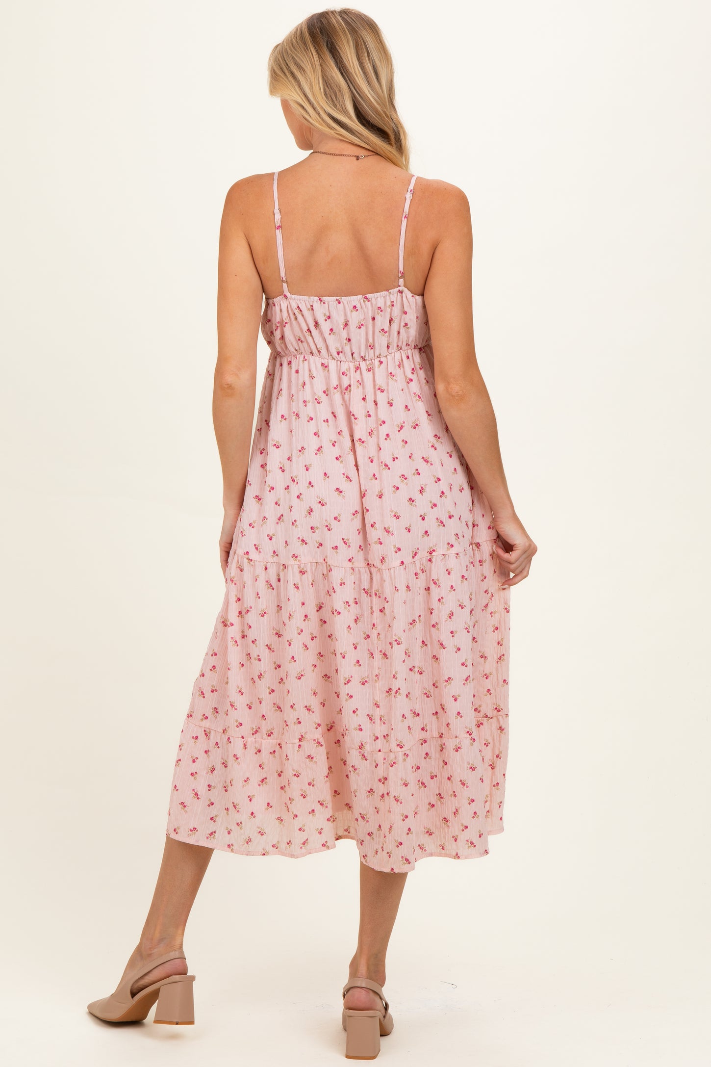 Light Pink Floral Ribbon Detail Maternity Midi Dress