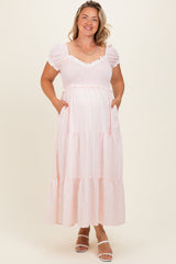 Light Pink Floral Lace Trim Tiered Maternity Plus Maxi Dress