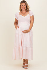 Light Pink Floral Lace Trim Tiered Maternity Plus Maxi Dress