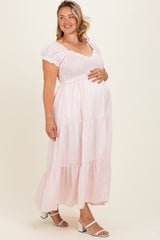 Light Pink Floral Lace Trim Tiered Maternity Plus Maxi Dress