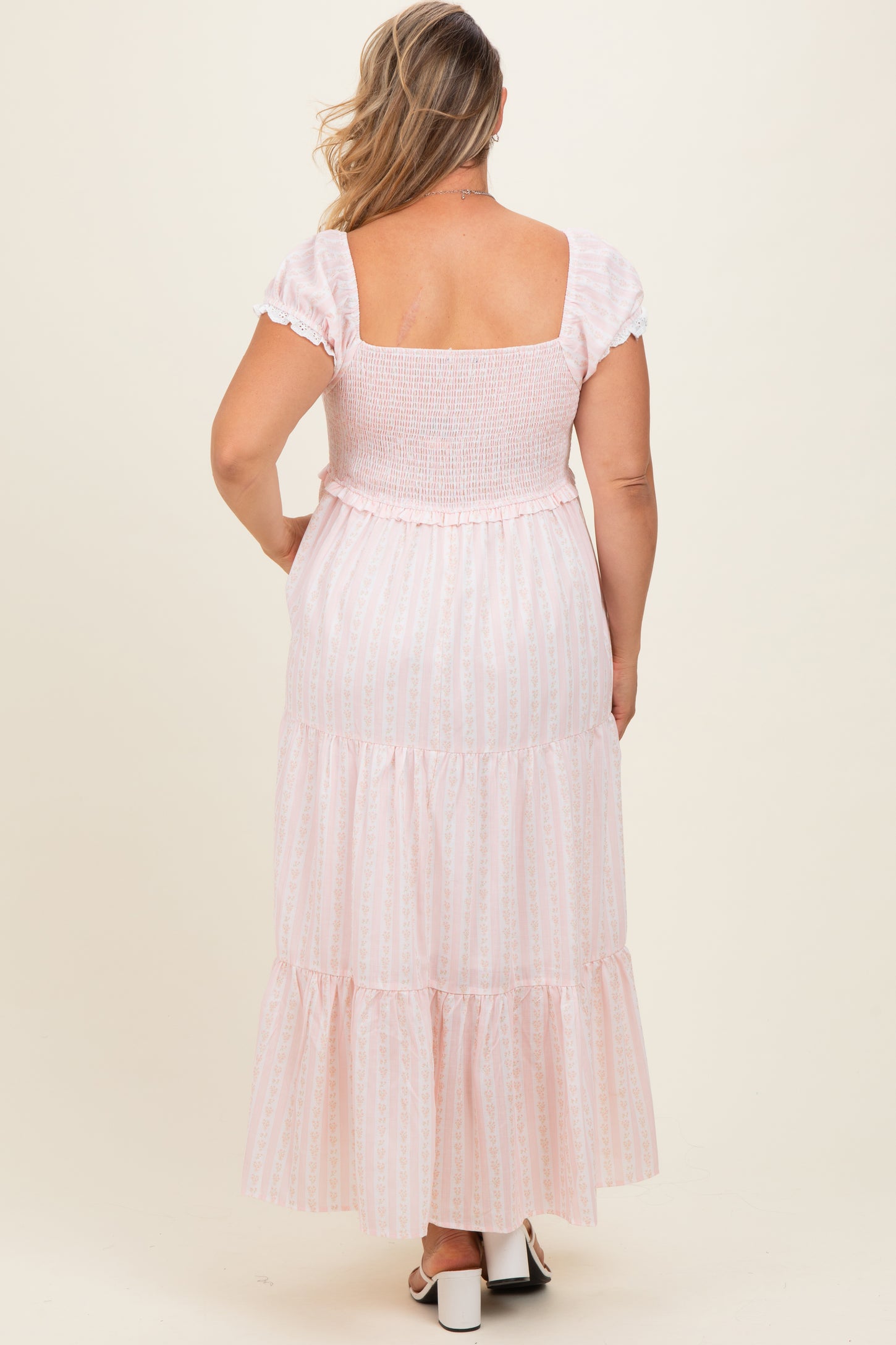 Light Pink Floral Lace Trim Tiered Maternity Plus Maxi Dress