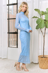 Light Blue Polka Dot Mesh Overlay Midi Dress