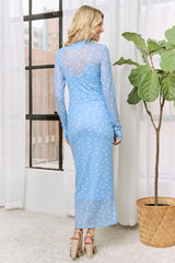 Light Blue Polka Dot Mesh Overlay Midi Dress