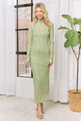 Kiwi Polka Dot Mesh Overlay Midi Dress