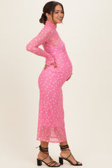 Pink Polka Dot Mesh Overlay Maternity Midi Dress