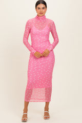 Pink Polka Dot Mesh Overlay Maternity Midi Dress