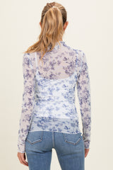 woman wearing a sheer purple floral long sleeve maternity top, viewed from the back