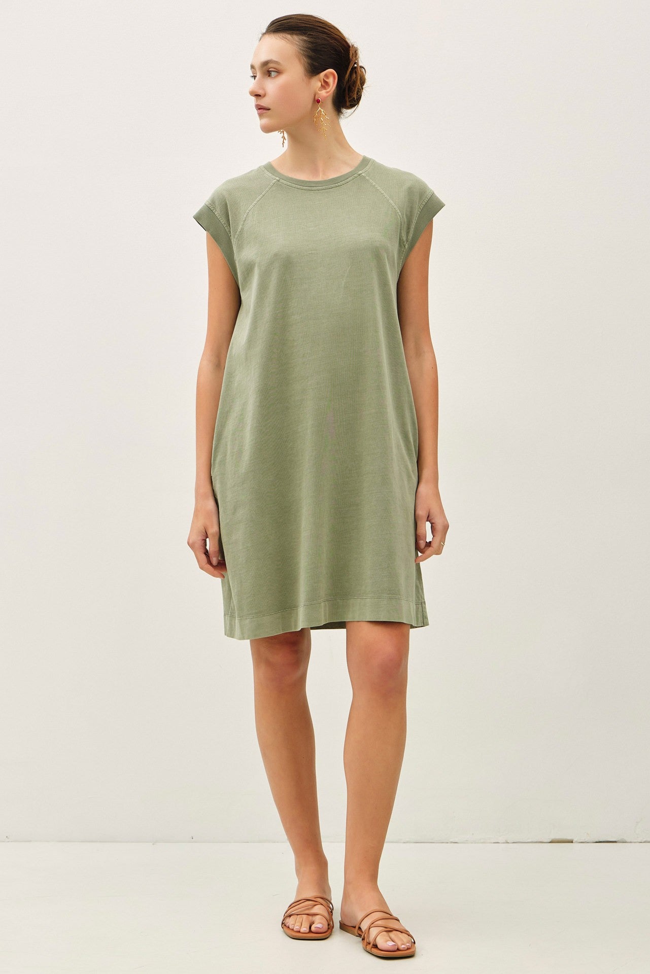 Olive Garment Washed Casual Capped Sleeve Maternity Dress