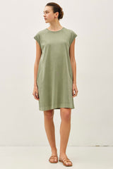 Olive Garment Washed Casual Capped Sleeve Dress