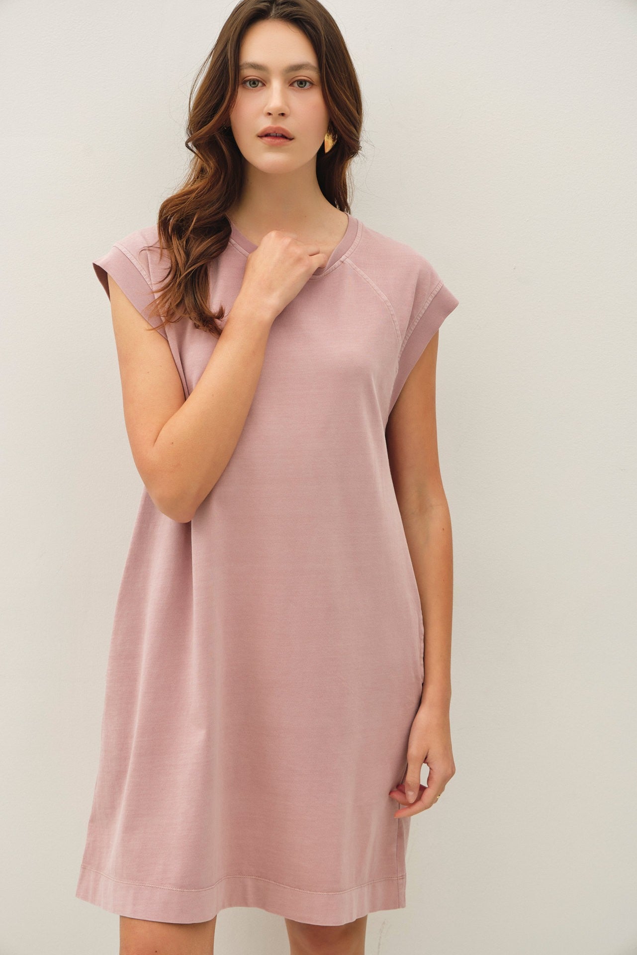 Pink Garment Washed Casual Capped Sleeve Maternity Dress