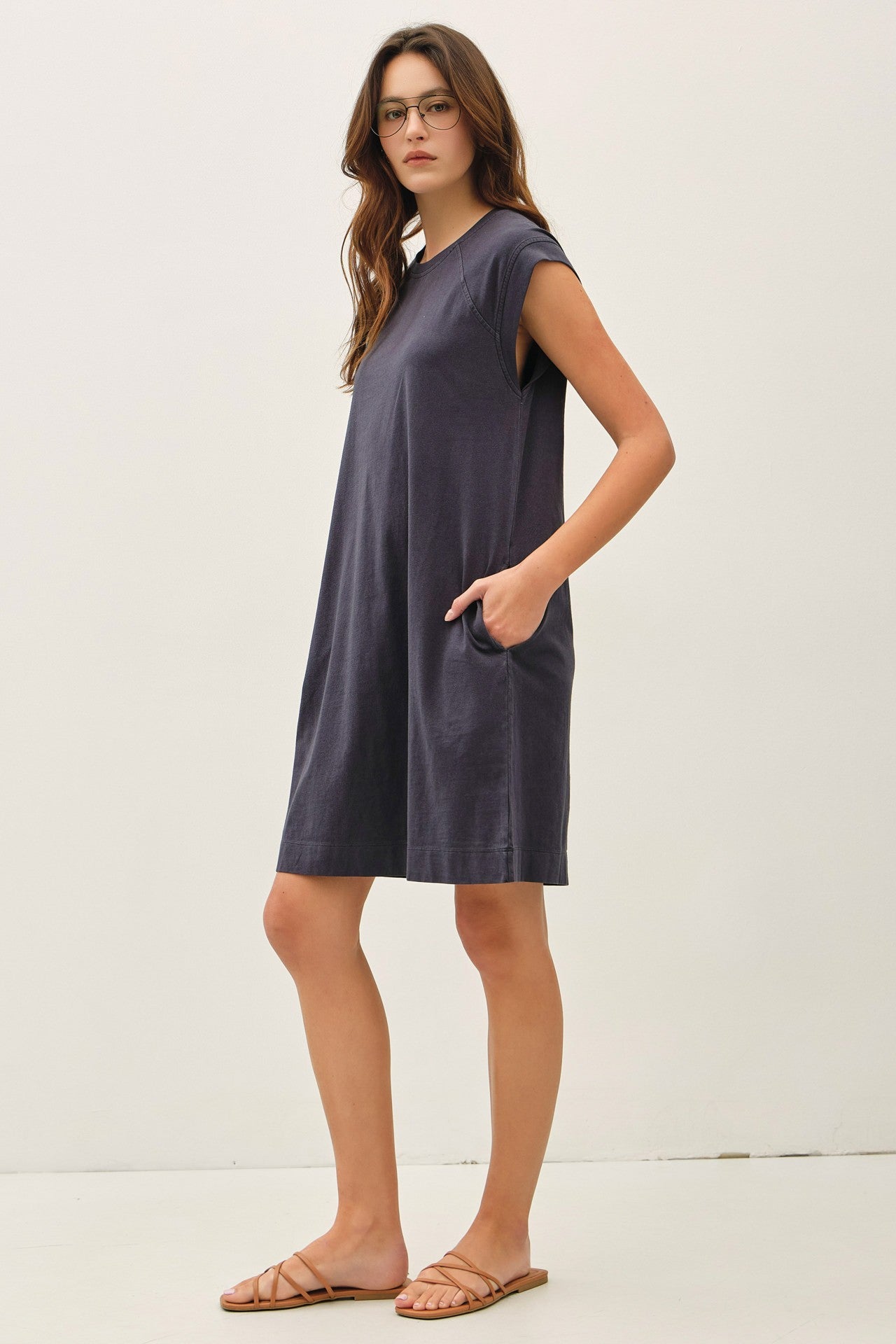 Charcoal Garment Washed Casual Capped Sleeve Dress