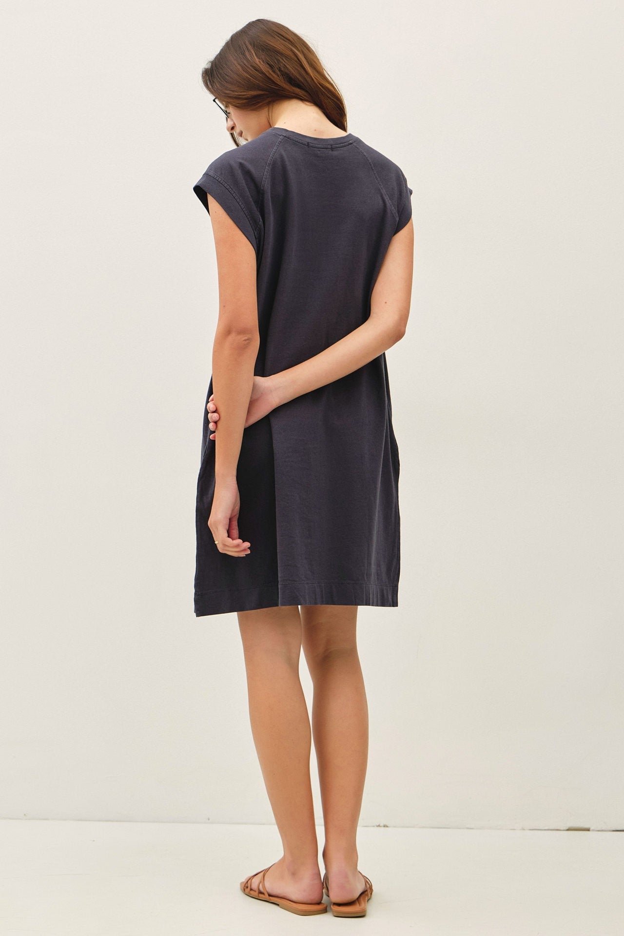 Charcoal Garment Washed Casual Capped Sleeve Dress