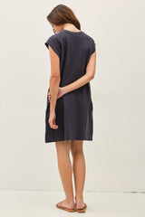 Charcoal Garment Washed Casual Capped Sleeve Dress