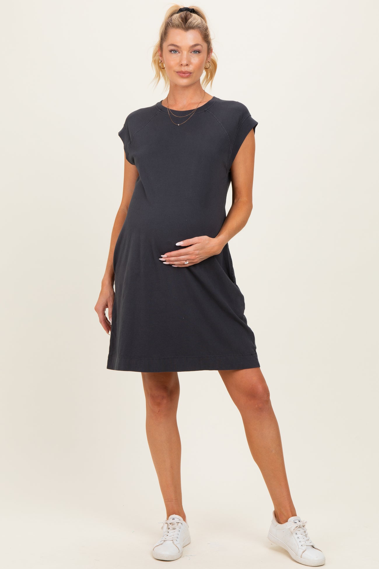 Charcoal Garment Washed Casual Capped Sleeve Maternity Dress