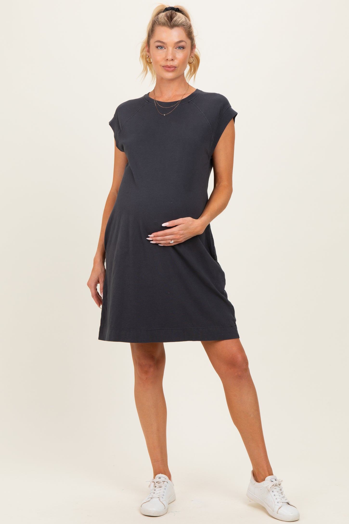 Charcoal Garment Washed Casual Capped Sleeve Maternity Dress
