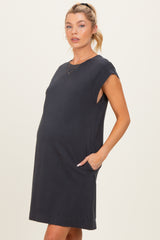 Charcoal Garment Washed Casual Capped Sleeve Maternity Dress