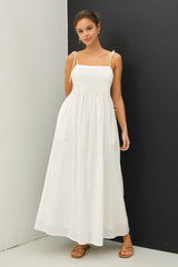 White Cotton Pintuck Tie Strap Maternity Maxi Dress