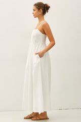 White Cotton Pintuck Tie Strap Maxi Dress