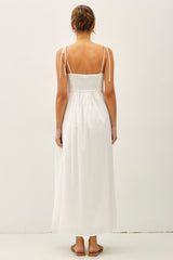 White Cotton Pintuck Tie Strap Maxi Dress