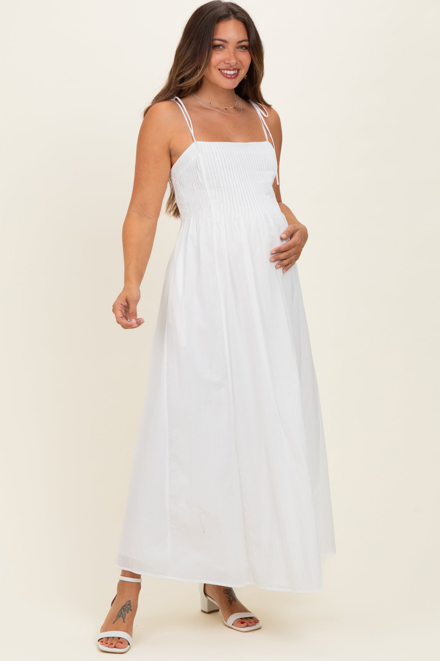 White Cotton Pintuck Tie Strap Maternity Maxi Dress