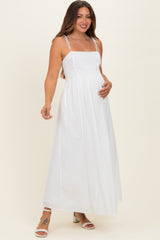 White Cotton Pintuck Tie Strap Maternity Maxi Dress