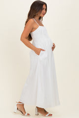 White Cotton Pintuck Tie Strap Maternity Maxi Dress