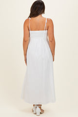 White Cotton Pintuck Tie Strap Maternity Maxi Dress