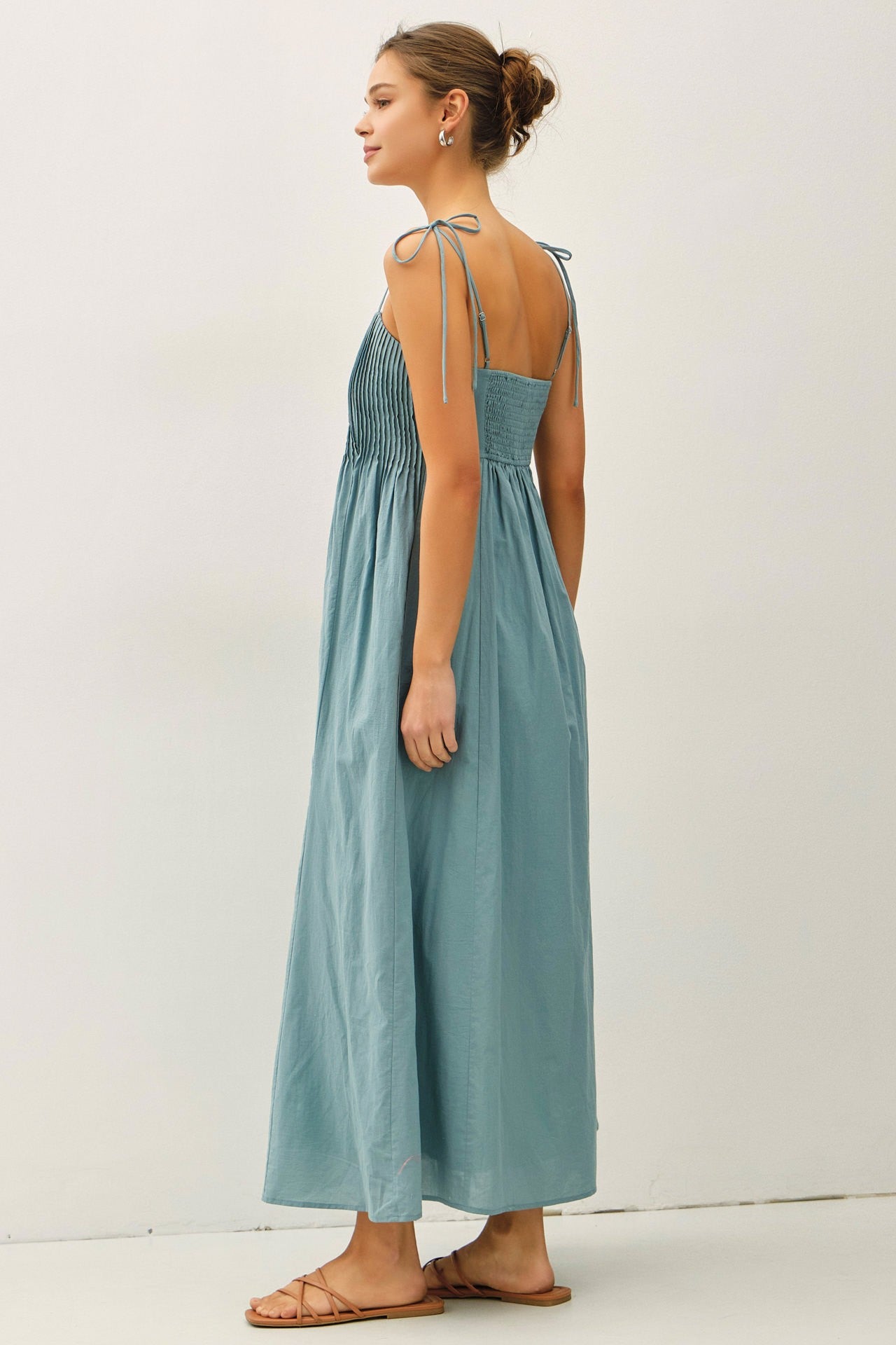 Teal Cotton Pintuck Tie Strap Maxi Dress