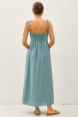 Teal Cotton Pintuck Tie Strap Maxi Dress