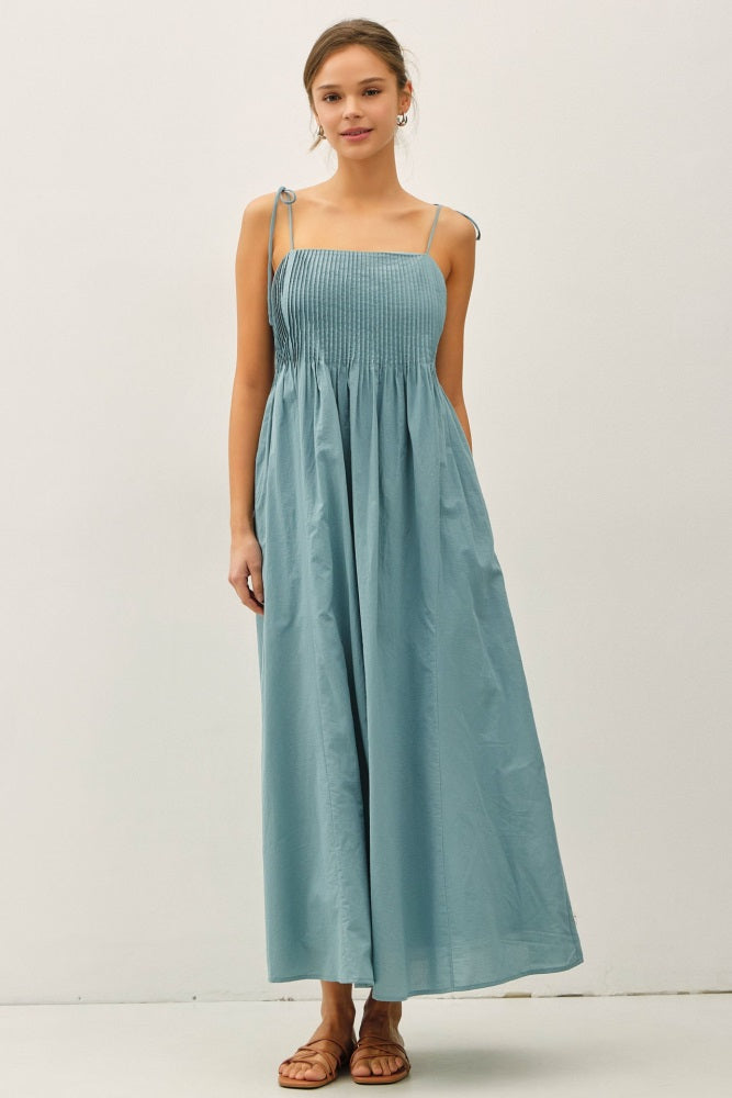 Teal Cotton Pintuck Tie Strap Maternity Maxi Dress