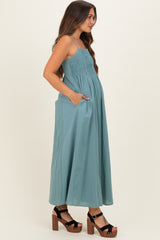 Teal Cotton Pintuck Tie Strap Maternity Maxi Dress