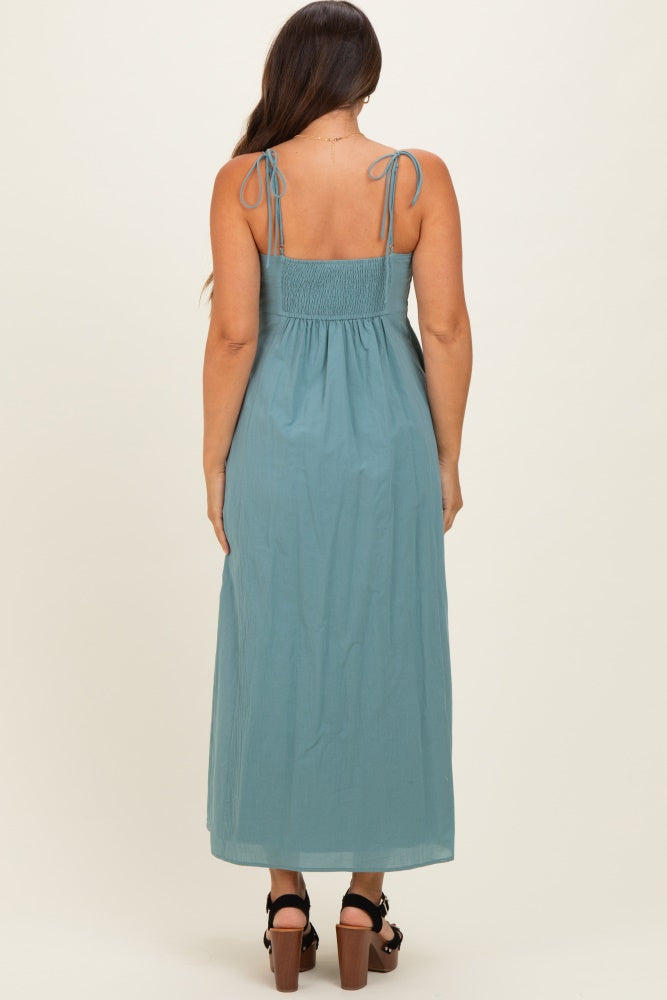 Teal Cotton Pintuck Tie Strap Maternity Maxi Dress