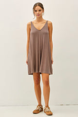 Brown Ribbed Sleeveless Front Seam Dress