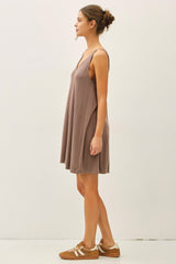 Brown Ribbed Sleeveless Front Seam Dress