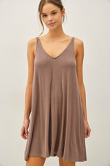 Brown Ribbed Sleeveless Front Seam Dress