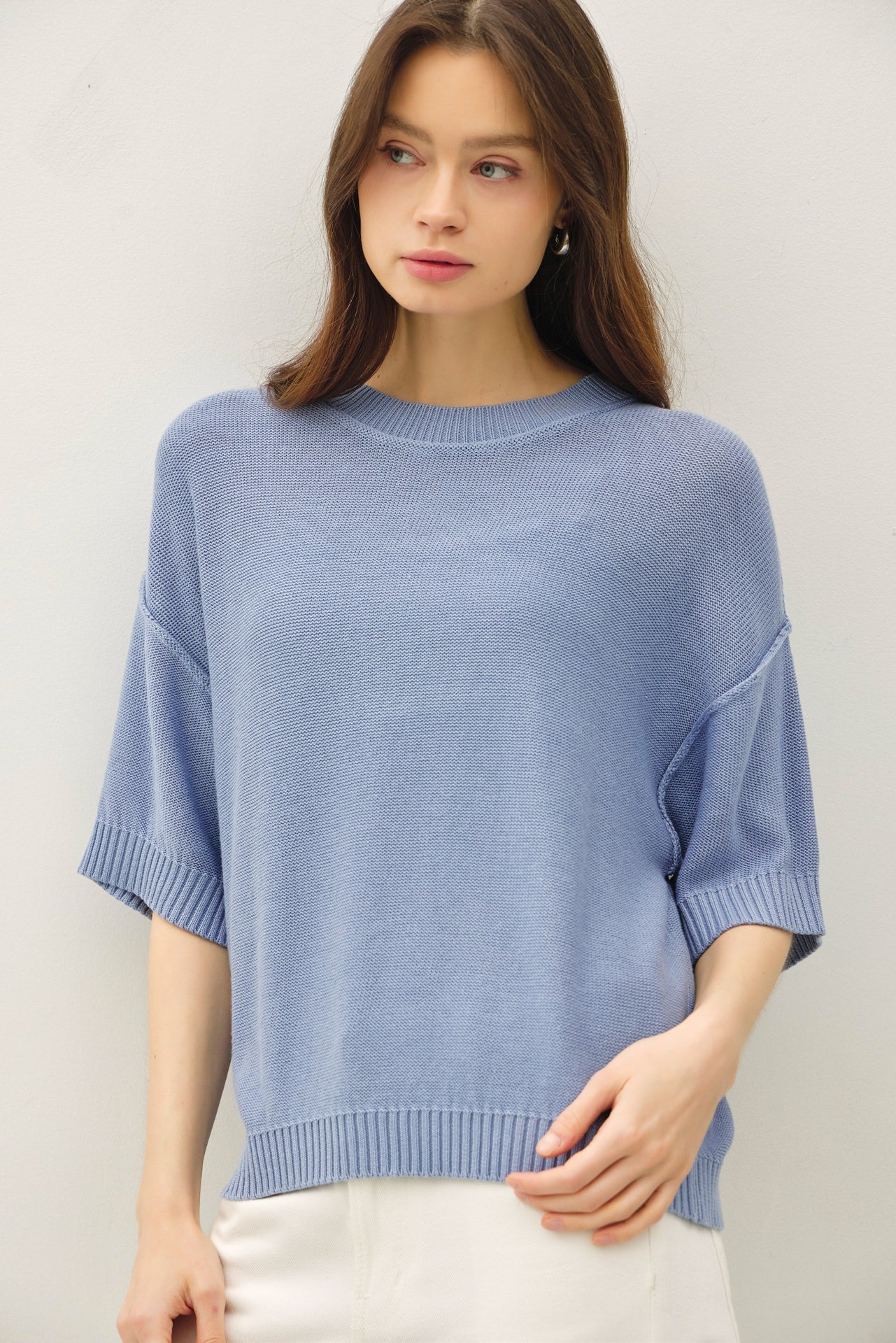 Blue Oversize Cut Sweater Top With Raw Edge
