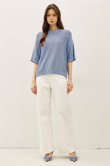 Blue Oversize Cut Sweater Top With Raw Edge