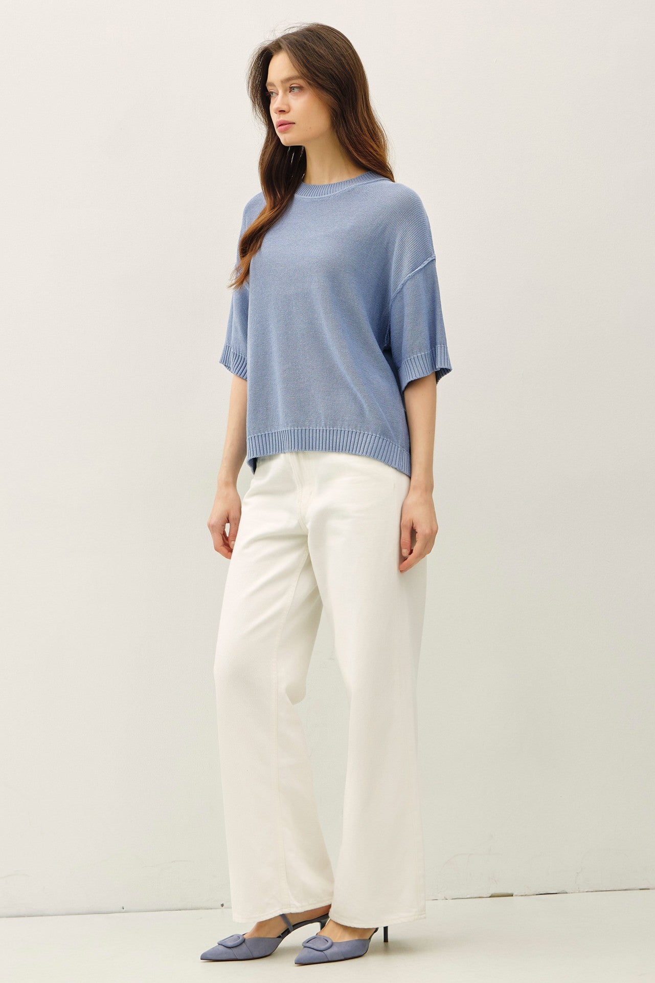Blue Oversize Cut Sweater Top With Raw Edge
