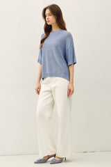 Blue Oversize Cut Sweater Top With Raw Edge
