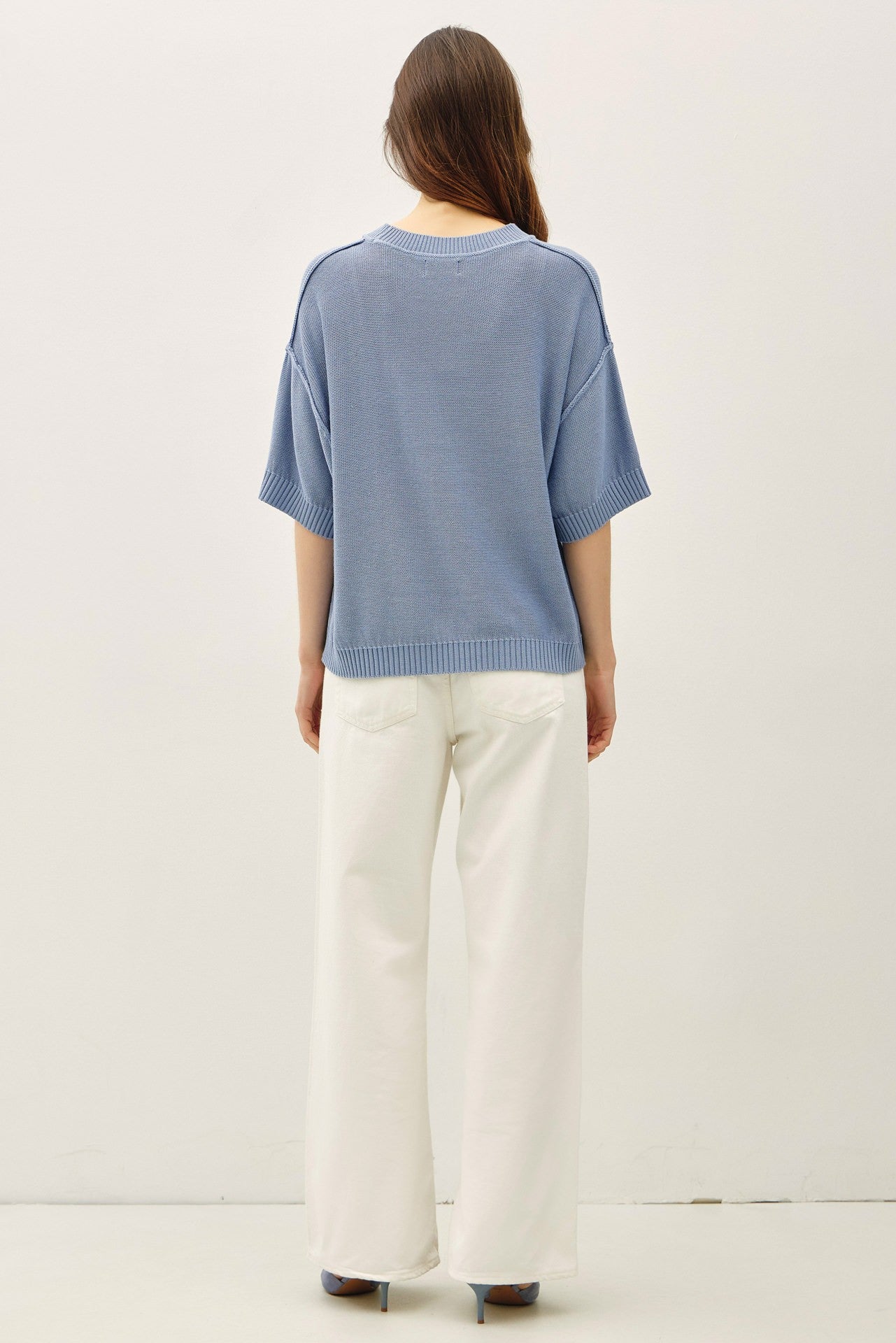 Blue Oversize Cut Sweater Top With Raw Edge