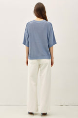 Blue Oversize Cut Sweater Top With Raw Edge