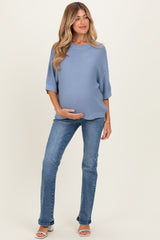Blue Oversize Cut Sweater Maternity Top With Raw Edge