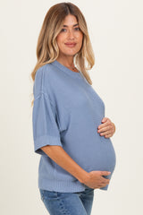 Blue Oversize Cut Sweater Maternity Top With Raw Edge