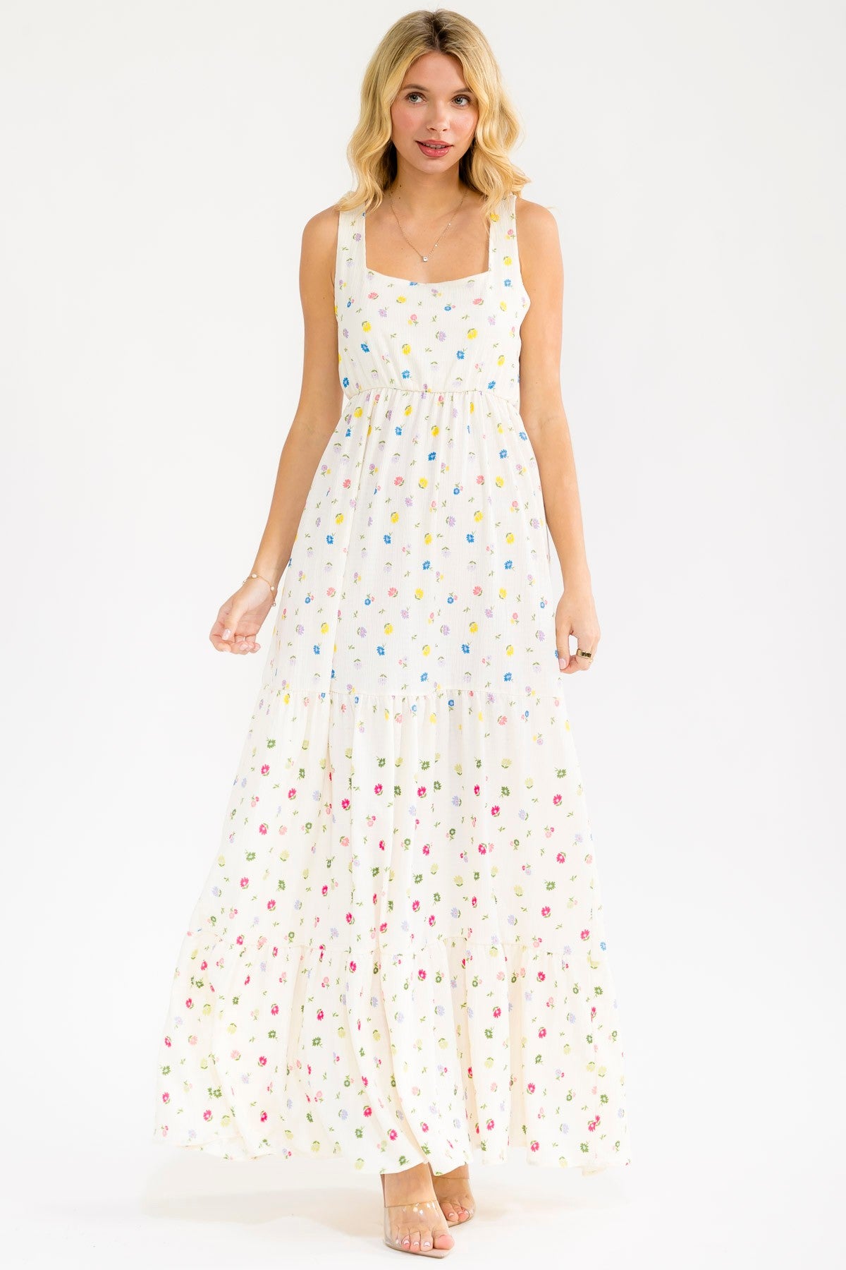 Ivory Floral Tiered Shoulder Tie Maxi Dress