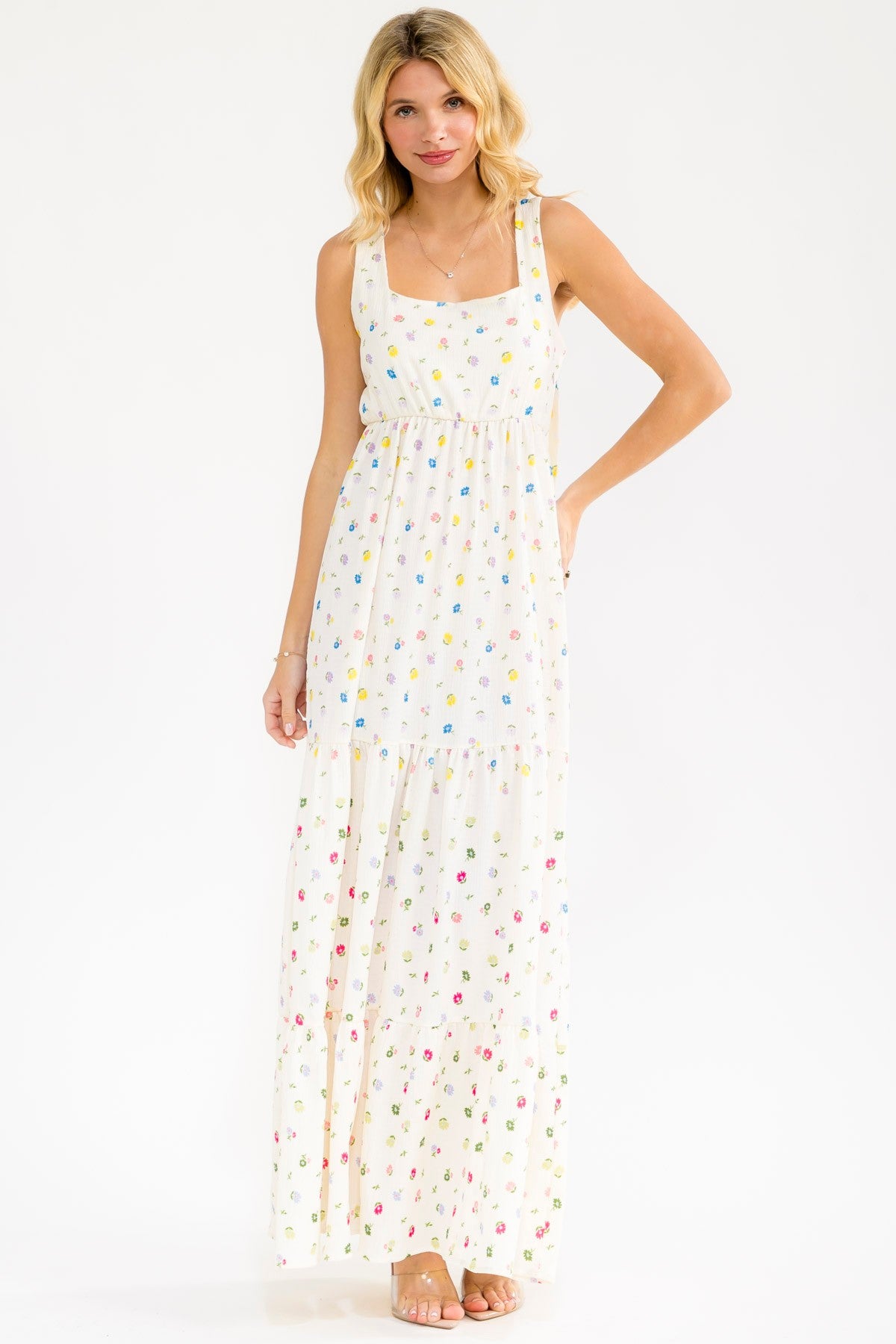 Ivory Floral Tiered Shoulder Tie Maxi Dress