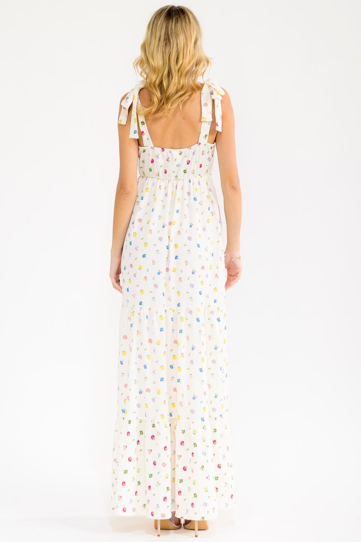 Ivory Floral Tiered Shoulder Tie Maxi Dress